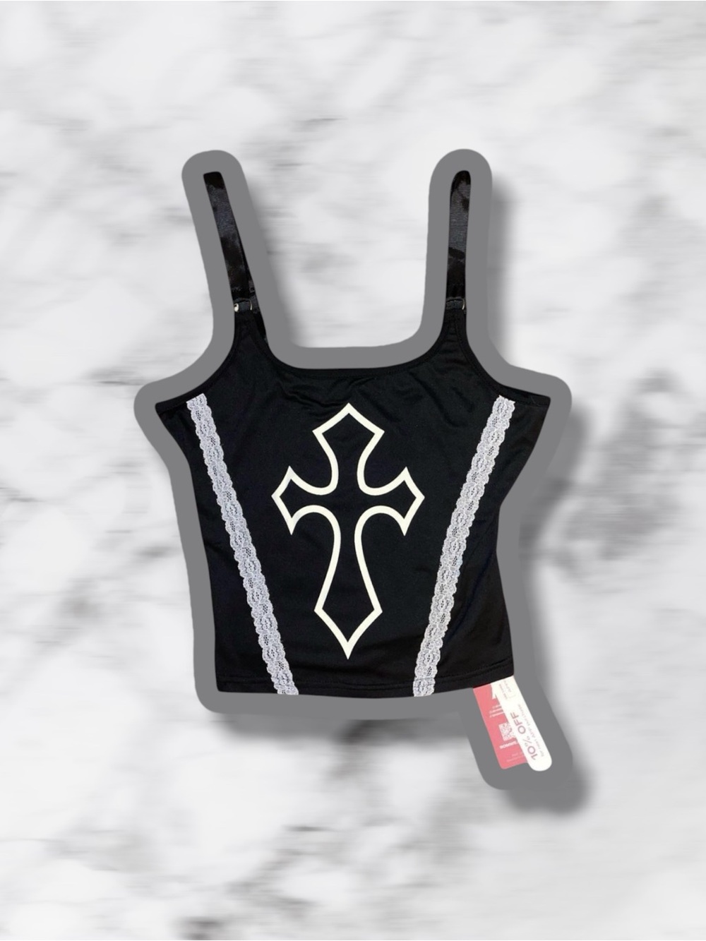 romwe black top with white cross graphic and lace trim size M